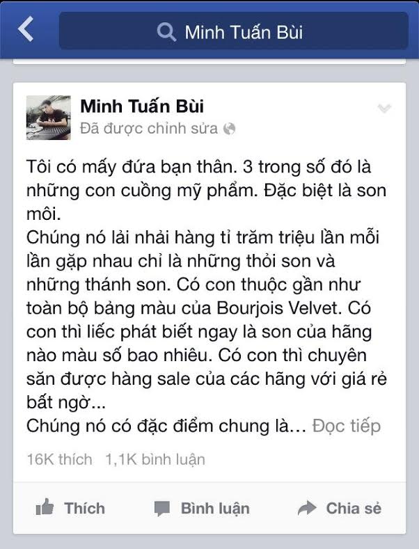 
Đoạn chia sẻ về son gây sốt của chàng trai Bùi Minh Tuấn.

