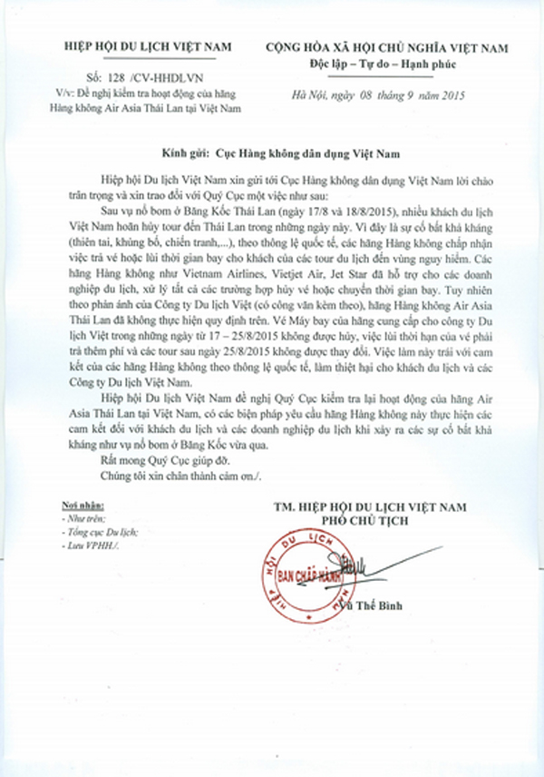 Công văn của Hiệp hội Du lịch Việt Nam gửi Cục Hàng không yêu cầu kiểm tra hoạt động của Thái Air Asia.