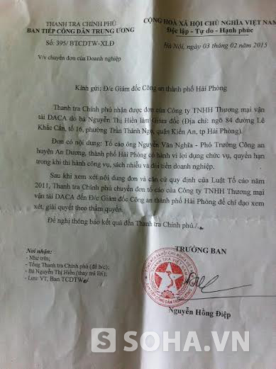 Bà Hiền còn gửi đơn tố cáo ông Nguyễn Văn Nghĩa lên tận Thanh tra Chính phủ