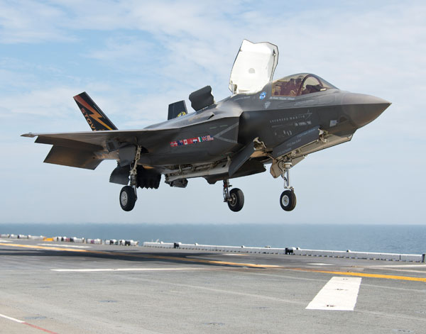 
F-35B trong một lần thử nghiệm hạ cánh trên boong tàu đổ bộ tấn công Wasp. Ảnh: USNI
