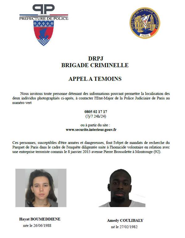 Thông tin của cảnh sát Pháp về 2 nghi phạm Amedy Coulibaly và Hayat Boumeddiene trong vụ bắt giữ con tin ở đông Paris.