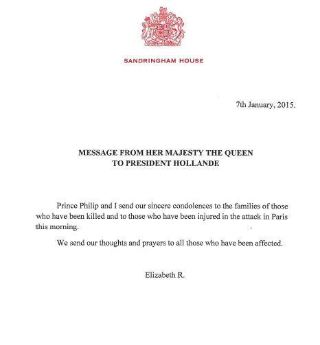 Thông điệp Nữ hoàng Anh gửi Tổng thống Pháp.