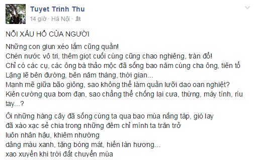 Bài thơ Nỗi xấu hổ của người được đăng tải trên facebook cá nhân của TS Trịnh Thu Tuyết.