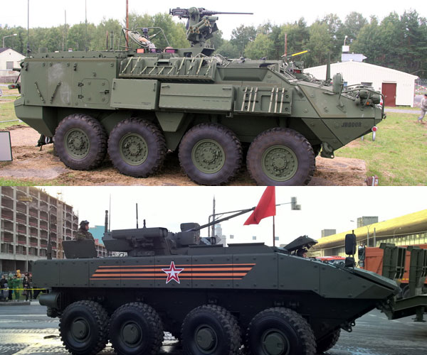 Thiết kế của Stryker (ở trên) và Bumerang  (ở dưới) khá giống nhau.
