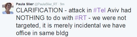 
Trên Twitter của mình, phóng viên Slier cũng cập nhật thông tin nói rằng vụ tấn công này không nhằm vào hãng RT và chỉ ngẫu nhiên xảy ra ở tòa nhà có văn phòng của họ.
