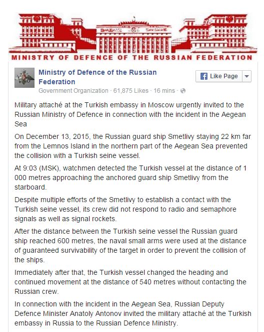 
Thông báo của Bộ quốc phòng Nga đăng tải trên Facebook
