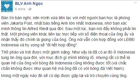 
BLV Anh Ngọc xác nhận về sức khỏe của HLV Alfred Riedl trên Facebook.
