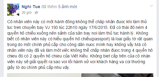 Nickname Nghi Tue phàn nàn về thái độ phục vụ của nhân viên hãng hàng không VietJet Air