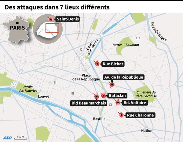
Bản đồ do AFP mới cập nhật về địa điểm xảy ra các vụ tấn công ở Paris đêm thứ Sáu.

