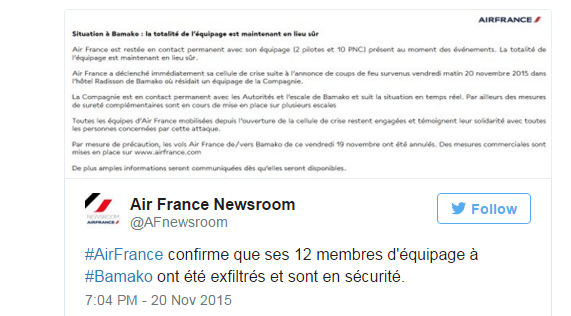 
Air France xác nhận 12 thành viên của hãng này đã trốn thoát an toàn.
