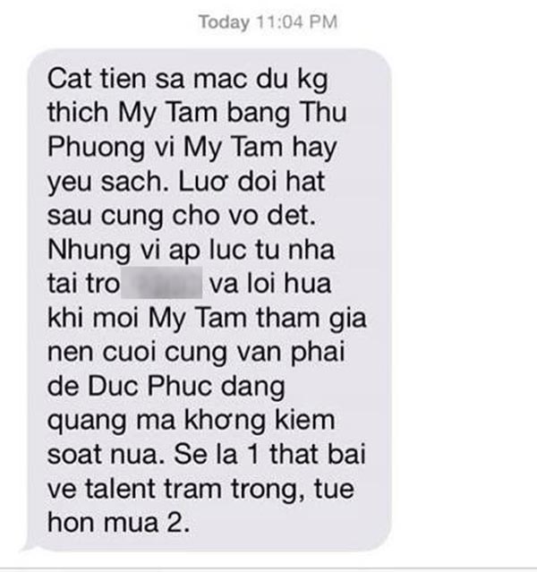 Tin nhắn không rõ danh tính người gửi tố Mỹ Tâm trước lúc chương trình công bố kết quả.