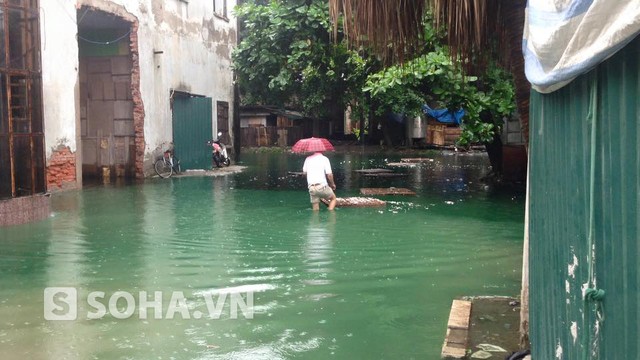 
Dòng nước xanh bất thường ở ngõ dài số 87 Tam Trinh (Hoàng Mai, Hà Nội).
