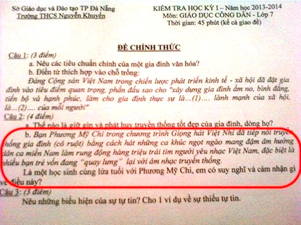 
Phương Mỹ Chi trở thành cảm hứng ra đề kiểm tra học kỳ môn Giáo dục công dân lớp 7 của một trường tại Đà Nẵng. Fan của chị Bảy thích thú với câu hỏi: “Bạn Phương Mỹ Chi trong chương trình Giọng hát Việt nhí đã tiếp nối truyền thống gia đình (cô ruột) bằng cách hát những ca khúc ngọt ngào mang đậm âm hưởng dân ca miền Nam làm rung động hàng triệu trái tim người yêu nhạc Việt Nam, đặc biệt là nhiều bạn trẻ vốn đang “quay lưng” với âm nhạc truyền thống. Là một học sinh cũng trang lứa tuổi với Phương Mỹ Chi, em có suy nghĩ và cảm nhận gì về điều này?”.
