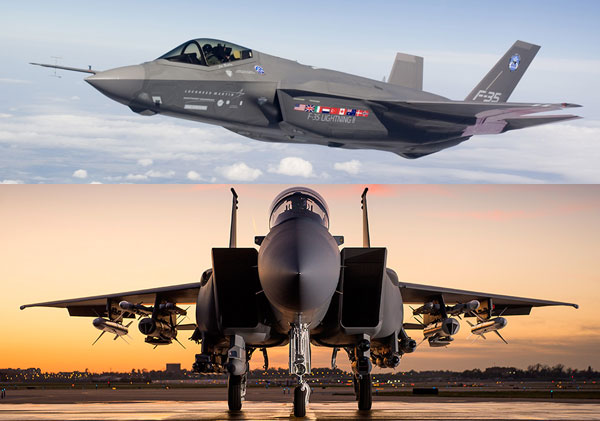 
Tính năng tàng hình giúp F-35 (trên) có nhiều lợi thế trên thị trường xuất khẩu so với F-15SA (dưới).
