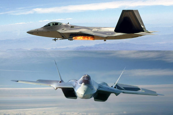 F-22(ở trên) và T-50 (ở dưới) là 2 đối thủ đáng gờm trên bầu trời.