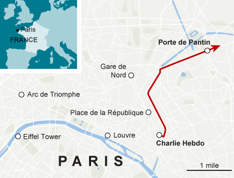 Lộ trình được cho là hướng tẩu thoát của những kẻ tấn công tòa soạn Charlie Hebdo.