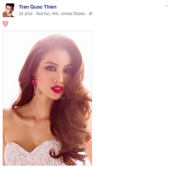 Ca sĩ Quốc Thiên chia sẻ hình ảnh của Phạm Hương nhằm thể hiện sự tự hào dù đại diện Việt Nam không thể tiến xa tại Hoa hậu Hoàn vũ 2015.