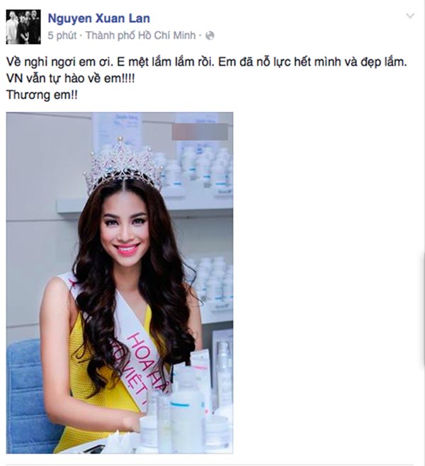 Trên trang cá nhân, người mẫu Xuân Lan khuyên Phạm Hương về nghỉ ngơi và cô cũng bày tỏ sự tự hào về đàn em.