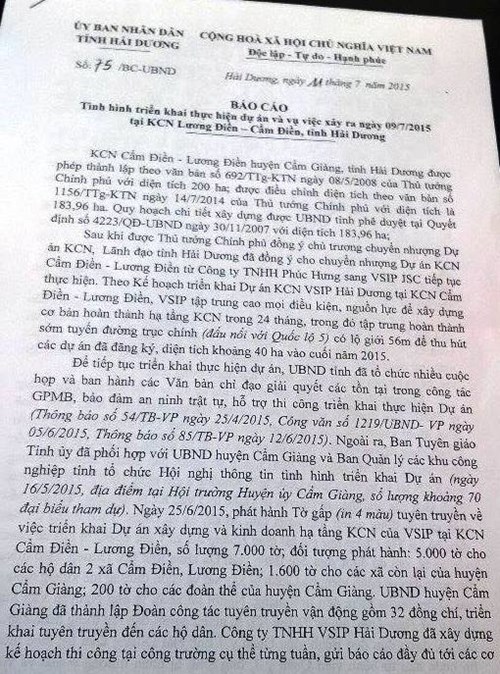 Văn bản báo cáo của UBND tỉnh Hải Dương.