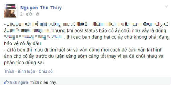 Hoa hậu Thu Thủy cũng đã lên tiếng về vụ việc và khuyên fan của Trang Trần nên vận động mọi cách để cứu vãn lại tình hình.