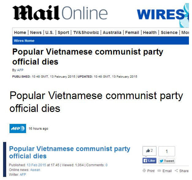Thông tin ông Nguyễn Bá Thanh mất được AFP đăng tải. Tờ báo Anh Daily Mail và báo Thái Lan Bangkok Post cũng đăng lại bài viết của AFP.