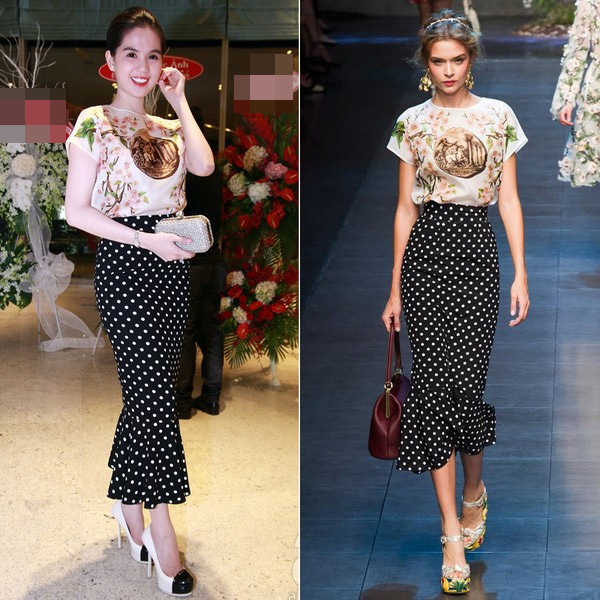 
Chiếc váy nhái thương hiệu Dolce & Gabbana của Ngọc Trinh.
