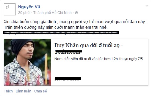 Nam ca sĩ Nguyên Vũ chia buồn dùng gia đình Duy Nhân khi nghe tin dữ về anh.