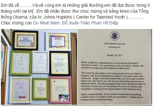 Thành tích của Đỗ Nhật Nam được cô giáo Hương đăng trên facebook.