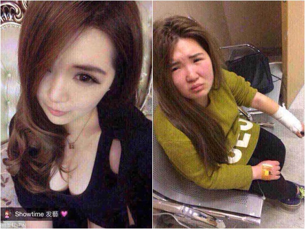 Hình ảnh 1 Xiao Jin xinh đẹp lung linh trên mạng xã hội (bên trái) và 1 Xiao Jin có nhan sắc tầm trung ở ngoài đời thực.