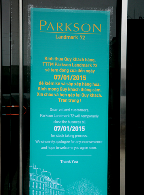 Thông báo về việc Parkson sẽ tạm dừng để kiểm kê hàng hóa đến hết 7/11/2015.