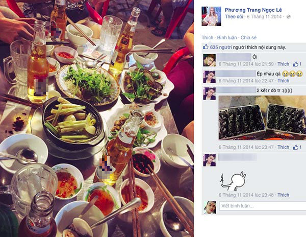 Hình ảnh đầy bia trên bàn nhậu được Phương Trang chia sẻ từ năm 2014 trên trang cá nhân.