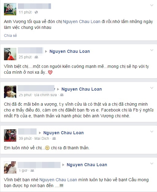 Rất nhiều bạn bè, người thân gửi lời chia buồn trên facebook của chị Nguyễn Châu Loan