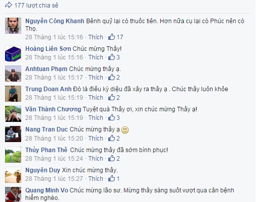 Nhiều người gửi lời chúc mừng, động viên đến PGS.TS Văn Như Cương qua facebook. (ảnh chụp từ facebook).