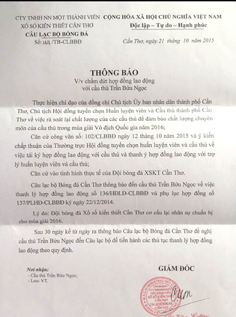 Thông báo chấm dứt hợp đồng lao động của thủ môn Bửu Ngọc từ phía CLB Cần Thơ. Ảnh: Thể thao&Văn hóa