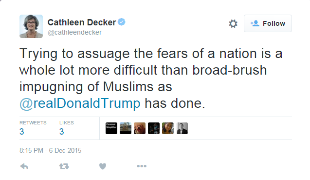 Phóng viên LA Times Cathleen Decker nhận xét: Trấn an nỗi sợ hãi của cả một quốc gia khó hơn rất nhiều so với chỉ mở miệng công kích chung tất cả cộng đồng người Hồi giáo như những gì Donald Trump đã làm.