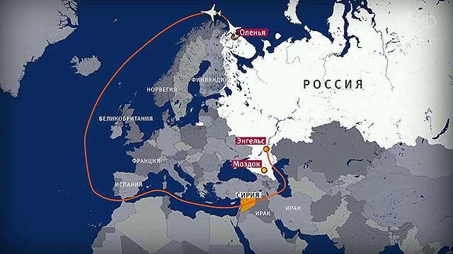
Đường bay dài 13.000 km được biên đội Tu-160 Nga sử dụng để phóng tên lửa hành trình chống mục tiêu IS trong ngày 20/11/2015. Ảnh: Livejournal.com.
