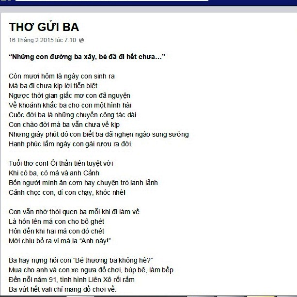 Bài thơ của con gái ông Nguyễn Bá Thanh viết gửi ba.