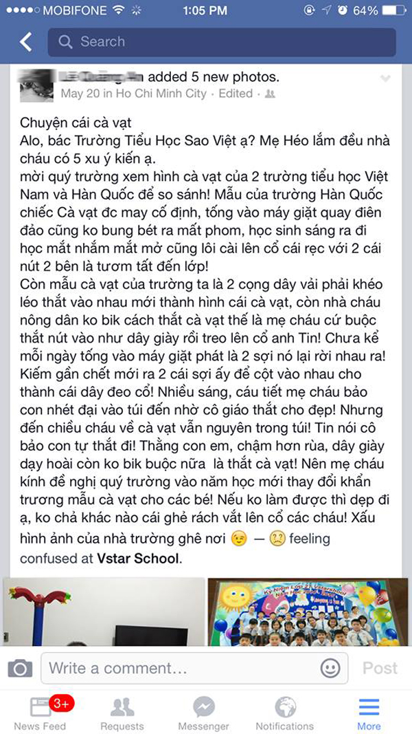 Nguyên văn lời chê cà vạt xấu khiến con mình bị đuổi học của chị Nguyễn Hiếu (Ảnh chụp Facebook)