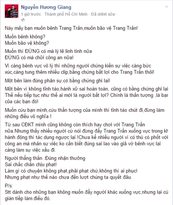 Hương Giang Idol đã có những dòng chia sẻ rất dài về câu chuyện của Trang Trần.