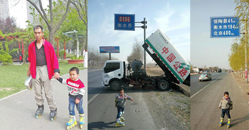 
Theo Shanghaiist, hồi tháng trước khi vợ trở về quê, anh Zhang Junguang- một tài xế 39 tuổi, đã quyết định dẫn cậu con trai 4 tuổi trượt patin trên quãng đường dài 540 km từ thành phố Bộc Dương, tỉnh Hà Nam đến thủ đô Bắc Kinh. Hai cha con khởi hành từ ngày 22/3.
