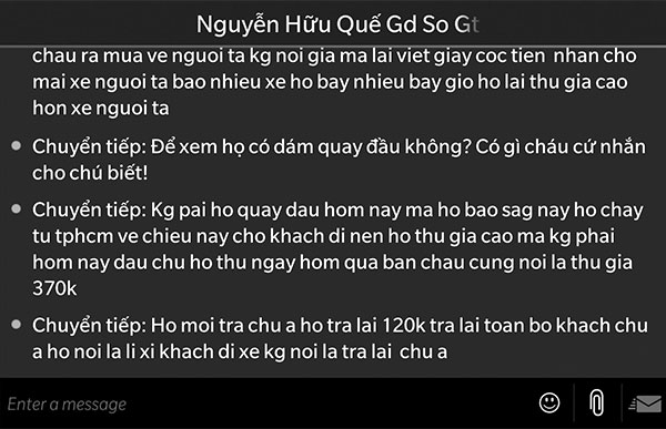 
Tin nhắn giữa ông Nguyễn Hữu Quế và hành khách phản ánh việc lợi dụng dịp Tết để thu tiền sai quy định (ảnh chụp màn hình điện thoại)
