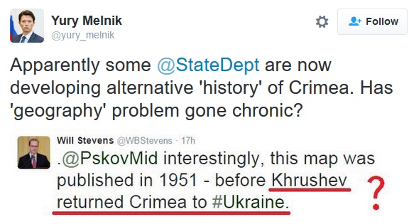 
Rõ ràng là một người ở Bộ Ngoại giao đang thêu dệt một phiên bản lịch sử khác của Crimea. Hay là vấn đề địa lý đã thành kinh niên?
