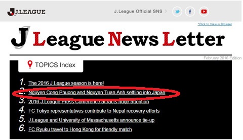 
J-League News Letter đăng tải thông tin quan trọng về Công Phượng - Tuấn Anh.
