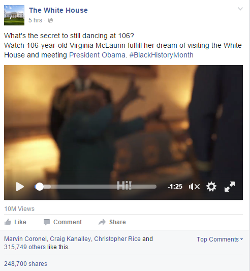 
Video thu hút 10 triệu lượt xem sau khi được đăng trên Facebook Nhà Trắng.
