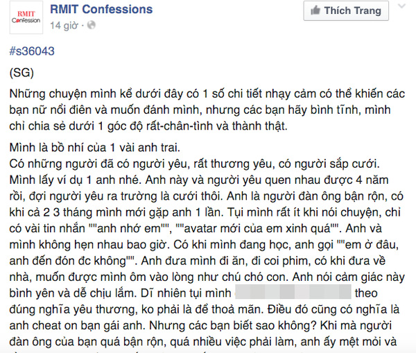 Dòng trạng thái được đăng trên RMIT Confession.