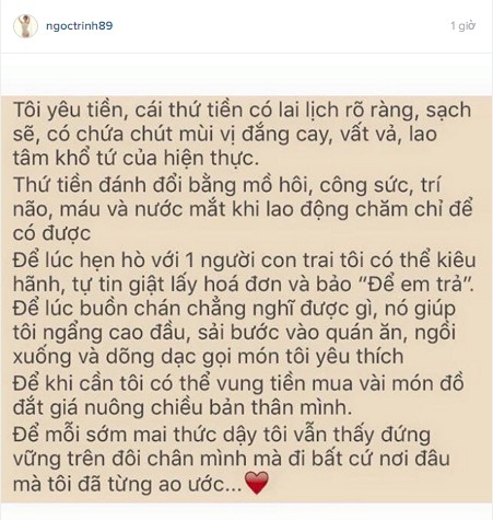 Ngọc Trinh viết trên instagram