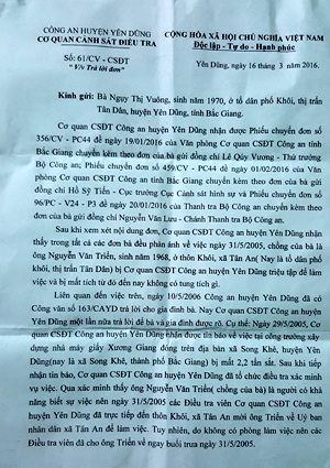 
Công văn trả lời ngày 16/3/2016 của Công an huyện Yên Dũng giống hệt với nội dung đã được trả lời cách đây 11 năm. Công an huyện khẳng định không hề bắt giữ, tạm giữ, tạm giam ông Triển
