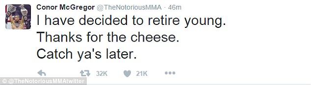 
Dòng Tweet tuyên bố nghỉ hưu non của McGregor.
