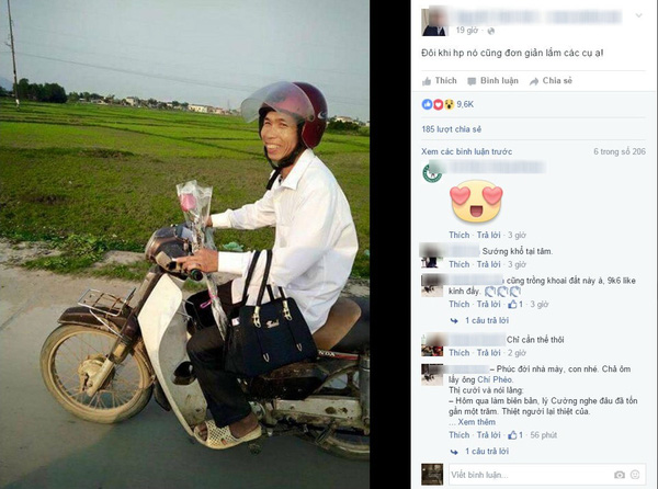 Hình ảnh người đàn ông trên chiếc xe cà tàng với nụ cười rạng rỡ và món quà 8/3 tặng vợ được chia sẻ chóng mặt trên mạng xã hội.
