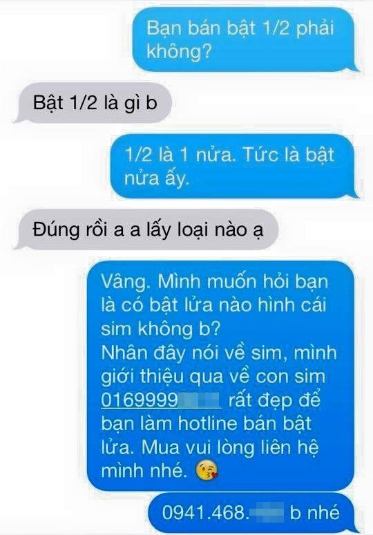 Người bán sim khéo léo chuyển từ bật lửa sang bật lửa hình sim rồi thành bán sim thật tài tình.